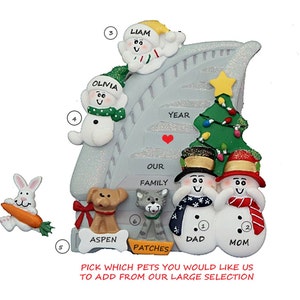 Personalized Snow Family of 4 Stair Case Christmas Ornament with 2 Dogs -Personalized Family 4 Ornament with 2 Cats or Pets Added