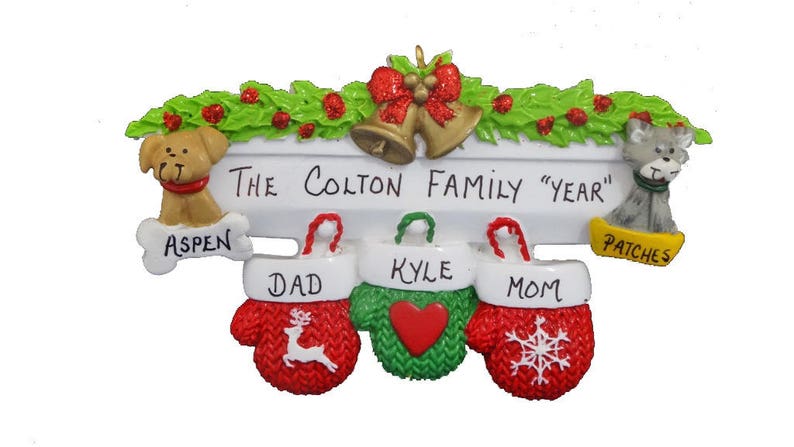 Personalized Family of 3 Ornament With 2 Custom Pets - 3 Mittens ...