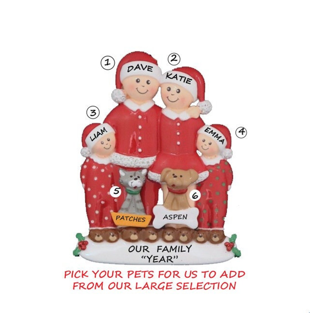 Personalized Family of 4 Ornament With 2 Dogs or Cats - Pajama Family ...