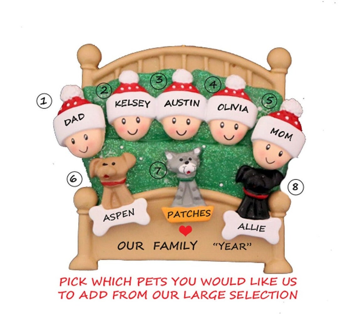 Personalized Family 5 Snuggled in Bed With 3 Dogs or Cats Added ...