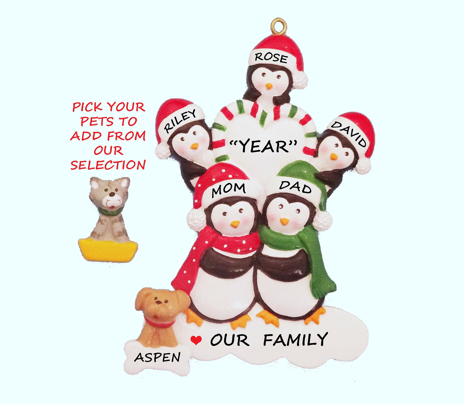 Personalized Penguin Family of 5 Ornament With 1 Dog or Cat Added ...