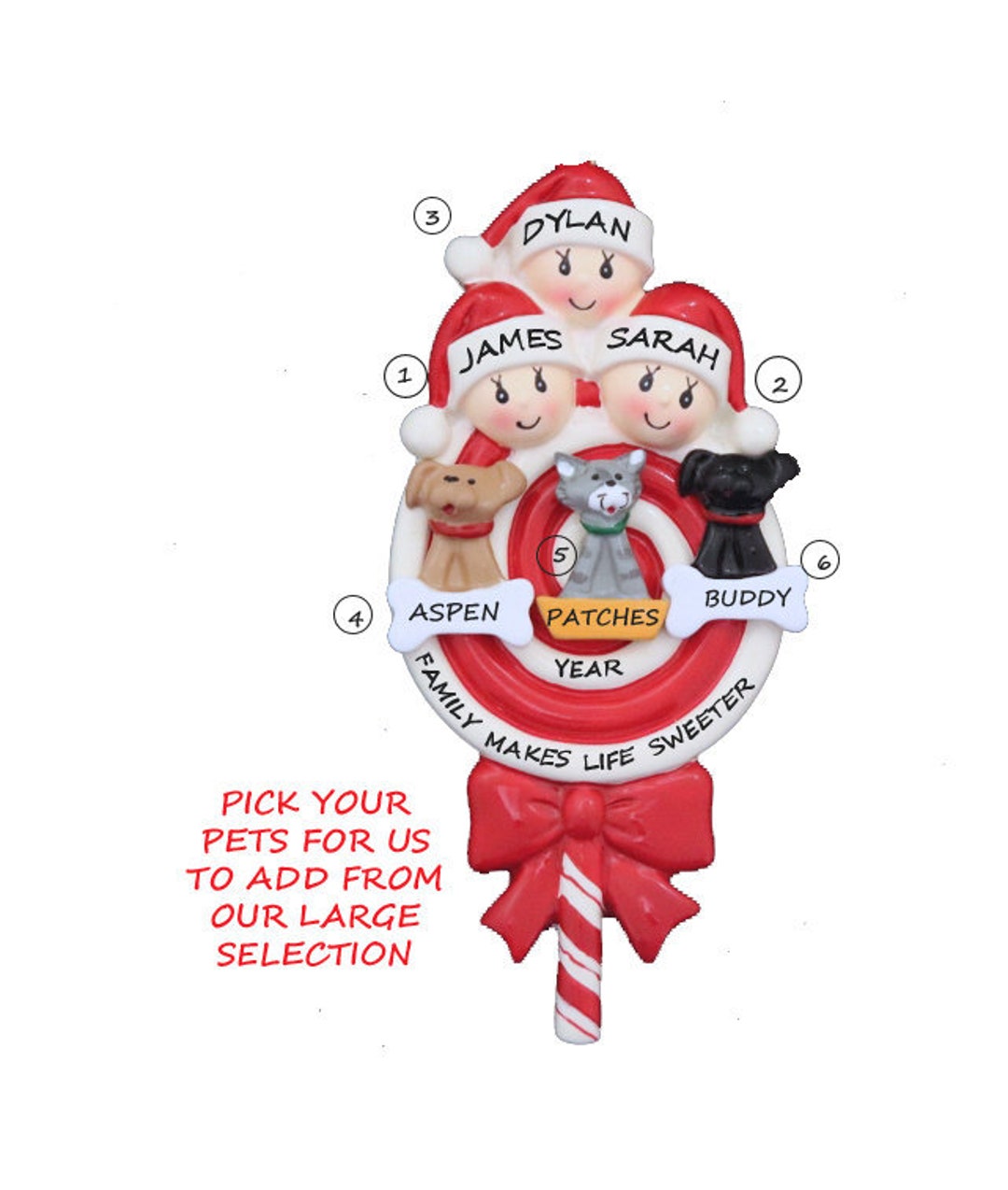 Family of 3 Lollipop Christmas Personalized Ornament With 3 Dogs or ...