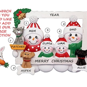 Personalized Family 4 Looking Through Frame with 3 Pets Christmas Ornament - Snow Family 4 with 3 Dogs, Cats or Bunny Add Ons