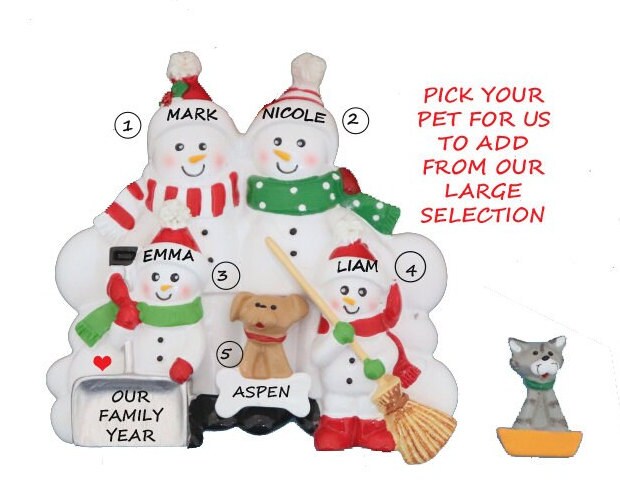 Personalized Shoveling Snow Family of 4 Christmas Ornament with 1 Custom Dog or Cat Added -  Family of Four Ornament with Dog or Cat