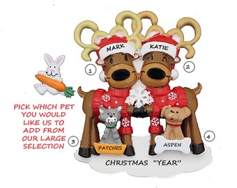 Personalized Reindeer Couple Christmas Ornament with  2 Custom Dogs, Cats or Bunny- Couple Ornament With 2  Dogs - Couple With 2 Cats