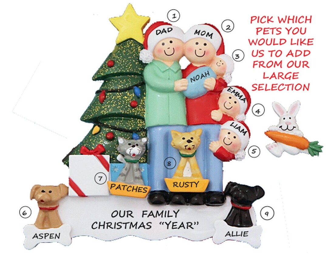 Family of 5 With Baby and 4 Dog or Cat Personalized Ornament- Family of ...