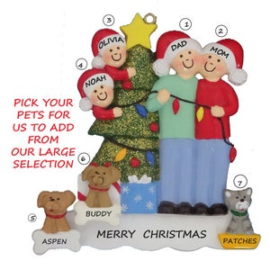 Family of 4 Personalized Ornament with 3 Custom Dogs Added -Family of 4 Ornament with 3 Custom Cats Added-Family of 4 with Custom Pets