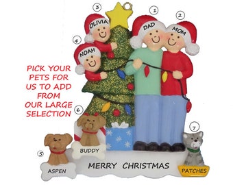 Family of 4 Personalized Ornament with 3 Custom Dogs Added -Family of 4 Ornament with 3 Custom Cats Added-Family of 4 with Custom Pets
