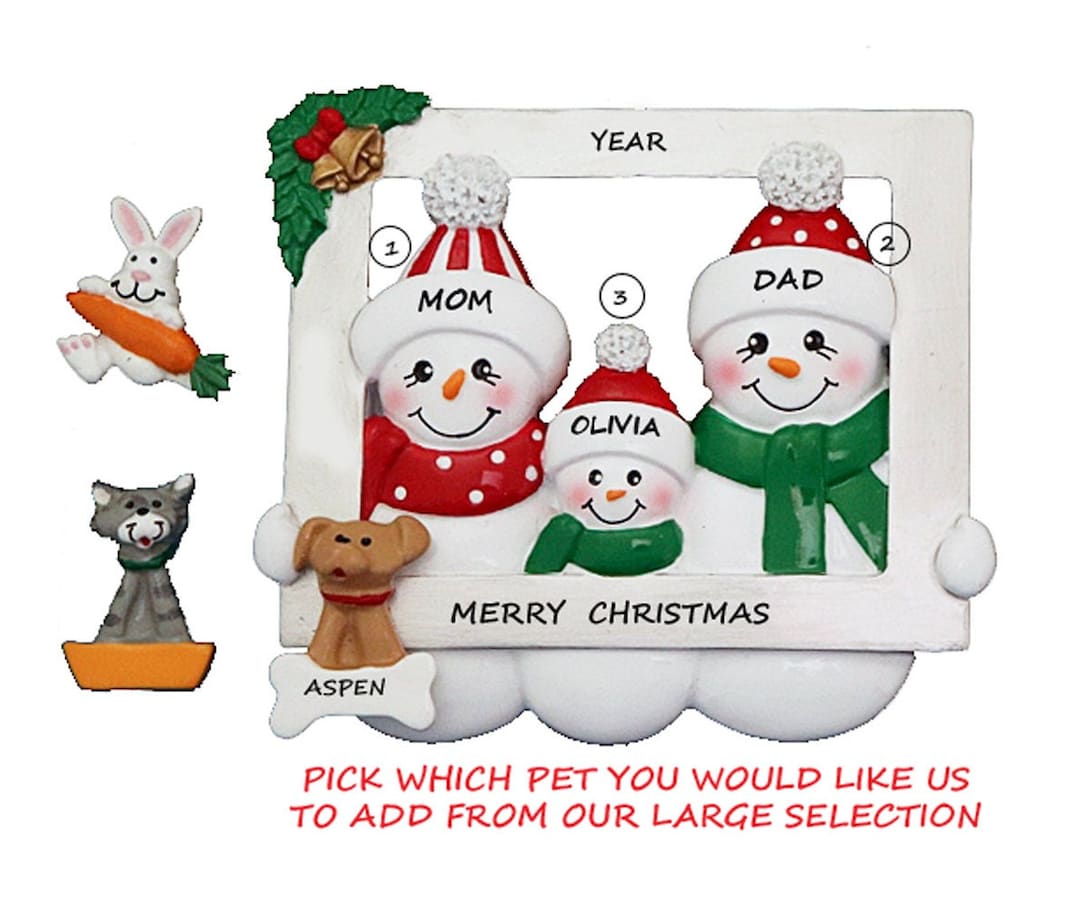 Personalized Snow Family 3 Ornament Looking Through Frame With Dog, Cat ...