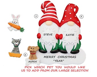 Personalized Gnome Couple  with Dog, Cat or Bunny  Christmas Ornament - Our 1st Christmas Personalized Ornament -Custom Hand Personalized