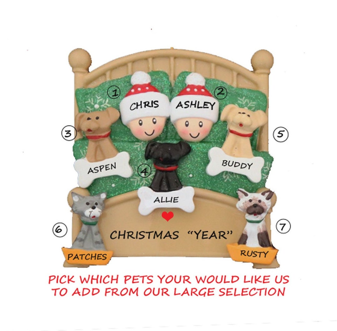 Personalized Couple Snuggled in Bed With 5 Dogs or Cats Added Christmas ...