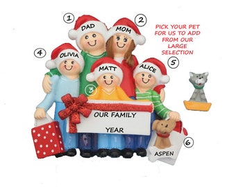 Family of Five Personalized Ornament Shopping for Presents with Dog, Cat or Bunny Added - Family of 5 with Custom Dog or Cat  Added Ornament