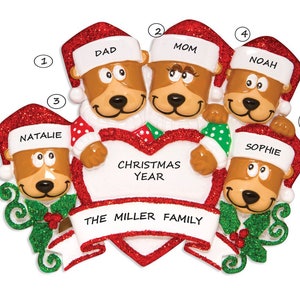 Family of Five Brown Bears Personalized Christmas Ornament - Personalized Family of 5 Brown Bears Christmas Ornament