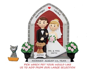 Personalized Just Married Church Wedding Couple Christmas Ornament With Dog or Cat -Wedding Couple Ornament-First Married Christmas with Pet
