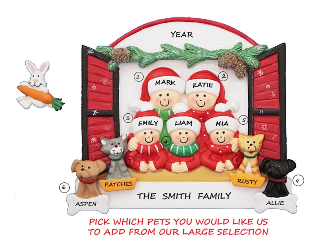 Personalized Family of 5 Looking in Window Ornament With 4 Pets ...