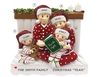 Personalized Ornament Reading in Bed Family of 4 - Bed Family of Four Personalized Christmas Ornament - Family of 4 Snuggled Together