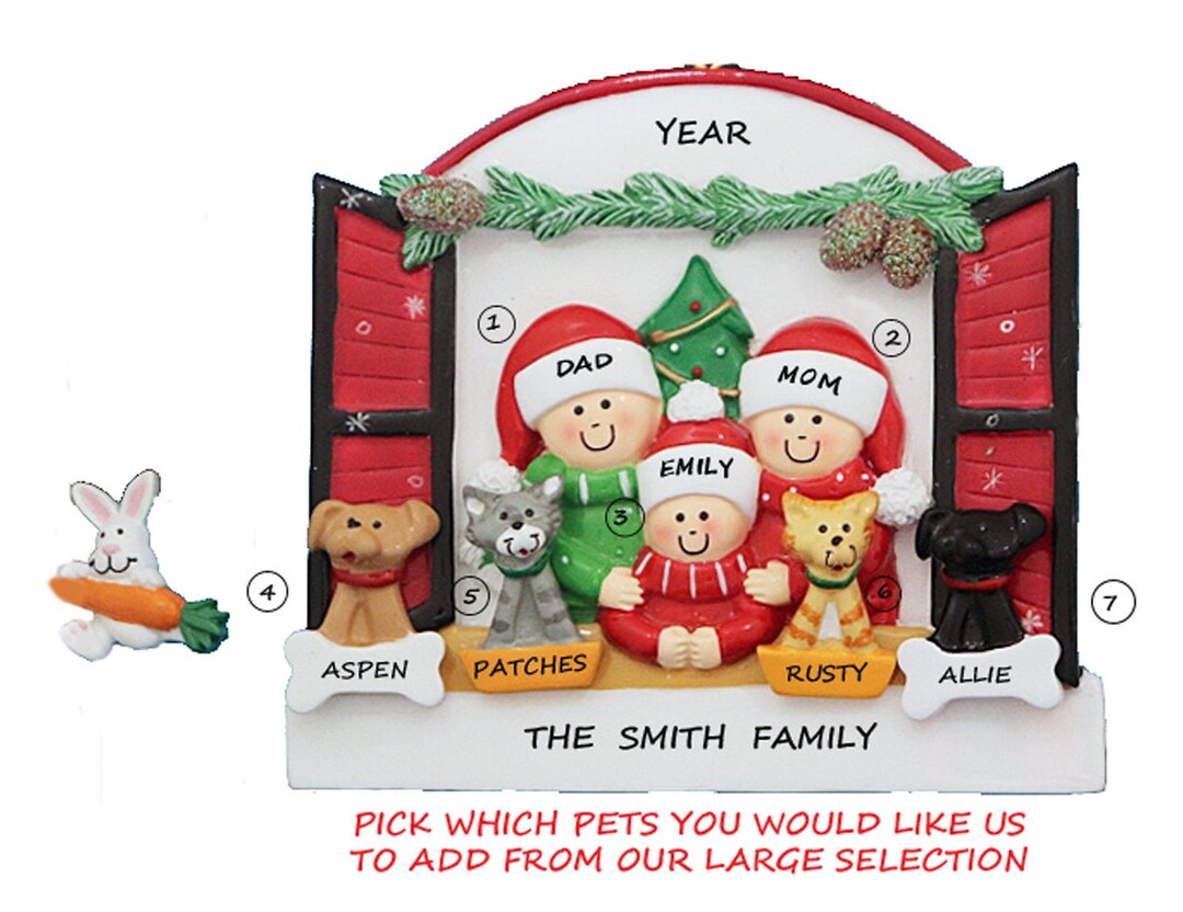 Personalized Family of 3 Looking in Window Ornament With 4 Pets ...