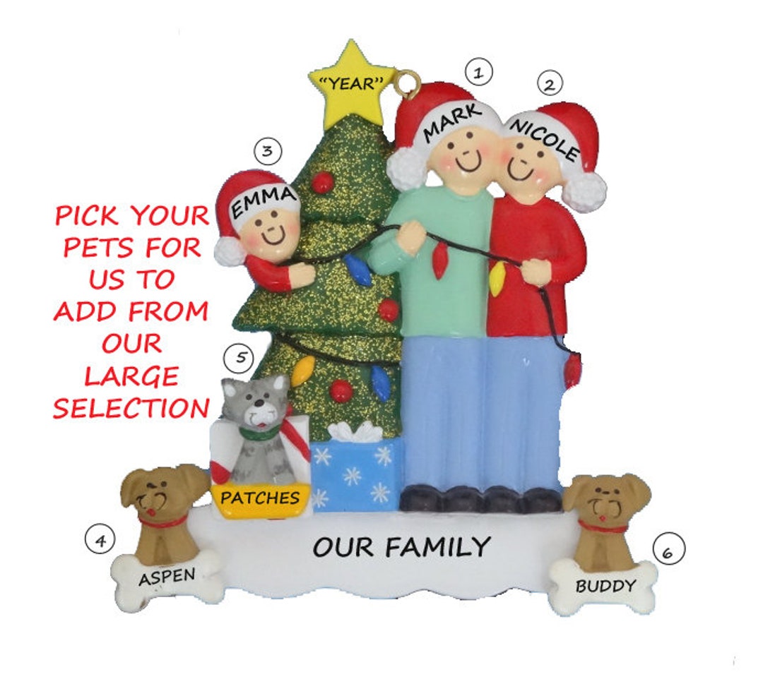 Family of 3 Personalized Ornament With 3 Dogs or Cats Added Decorating ...