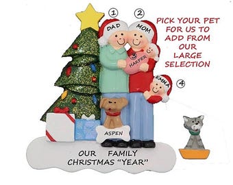 Family of 4 with Baby and A Dog or Cat Personalized Ornament- Family of 4 Ornament with New Baby Girl Or Boy Christmas OrnamentOur