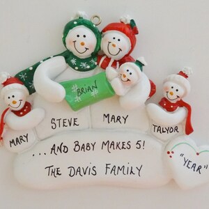 Personalized Snow Family of 5 Ornament - New Baby Makes Family of 5 Personalized Ornament - Custom Baby Blanket Colors