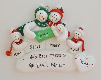 Personalized Snow Family of 5 Ornament - New Baby Makes Family of 5 Personalized Ornament - Custom Baby Blanket Colors