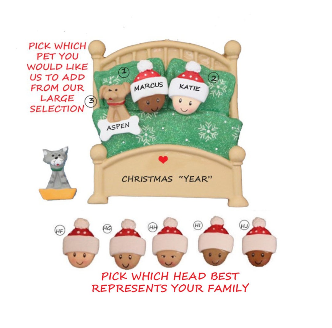 Personalized Couple Snuggled in Bed With Dog or Cat Christmas Ornament ...