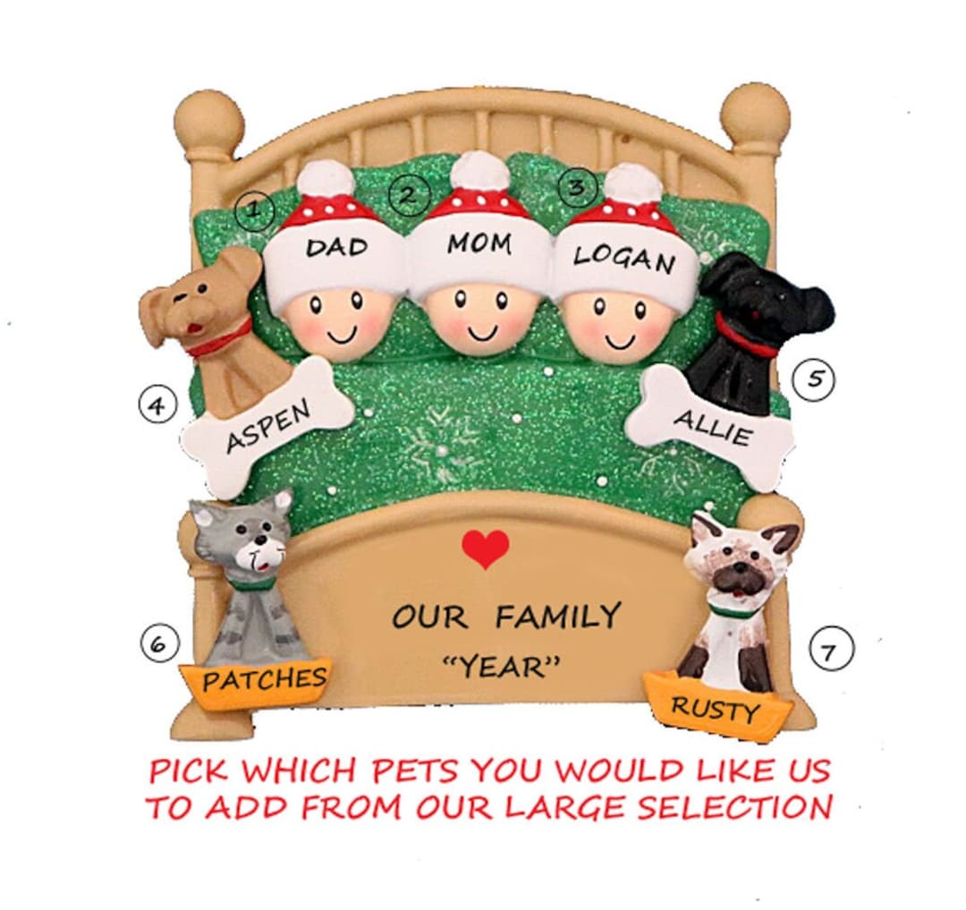 Personalized Family 3 Snuggled in Bed With 4 Dogs or Cats Added ...