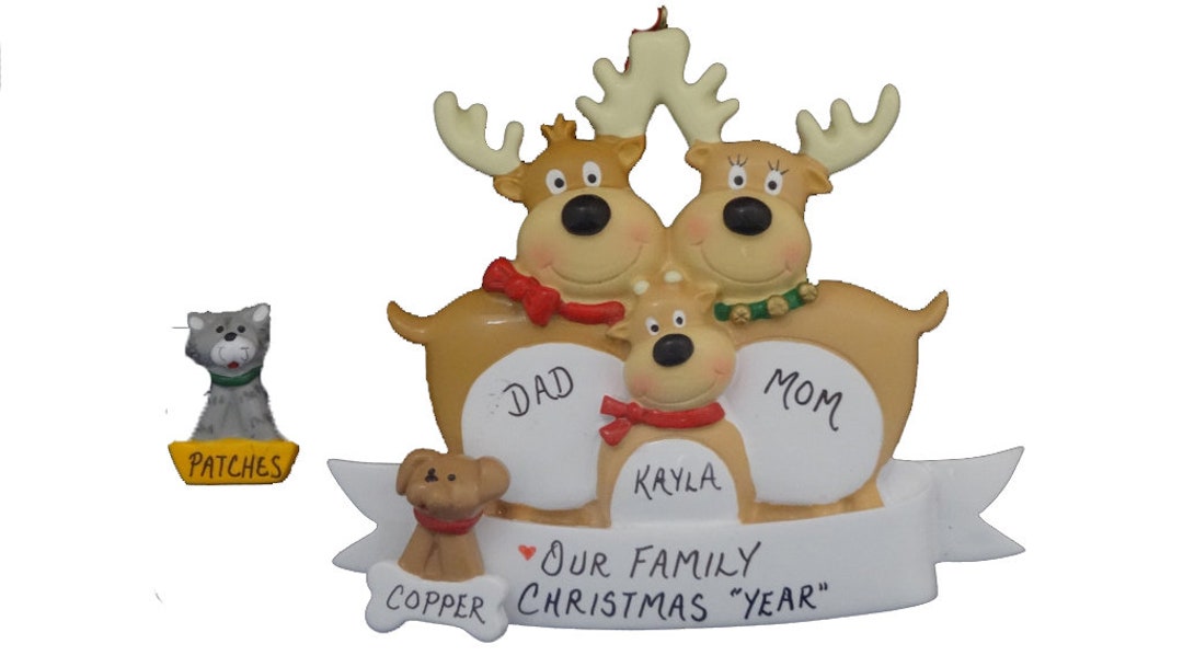 Personalized Reindeer Family of 3 Ornament With Custom Dog or Cat Added ...
