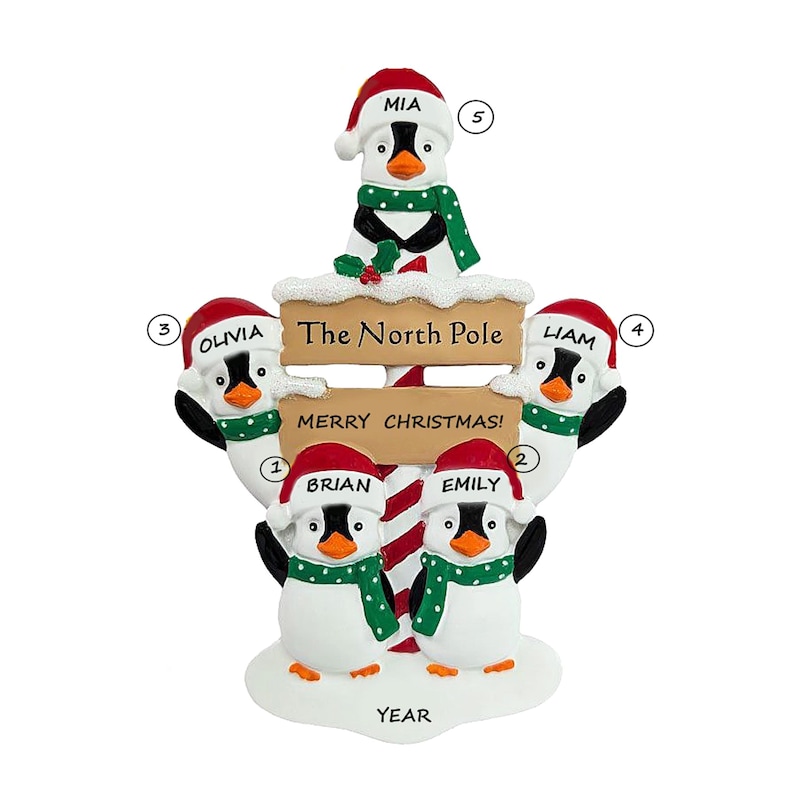 Personalized North Pole Penguin Family 5 Christmas Ornament- Family of ...