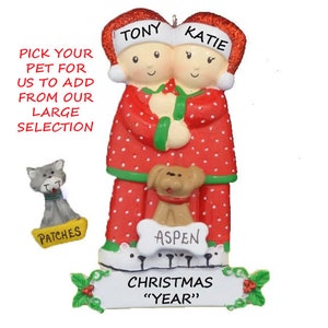 Personalized Our First Christmas Couple Ornament with Custom Dog or Cat - Pajama Couple Personalized Ornament with Dog or Cat Added