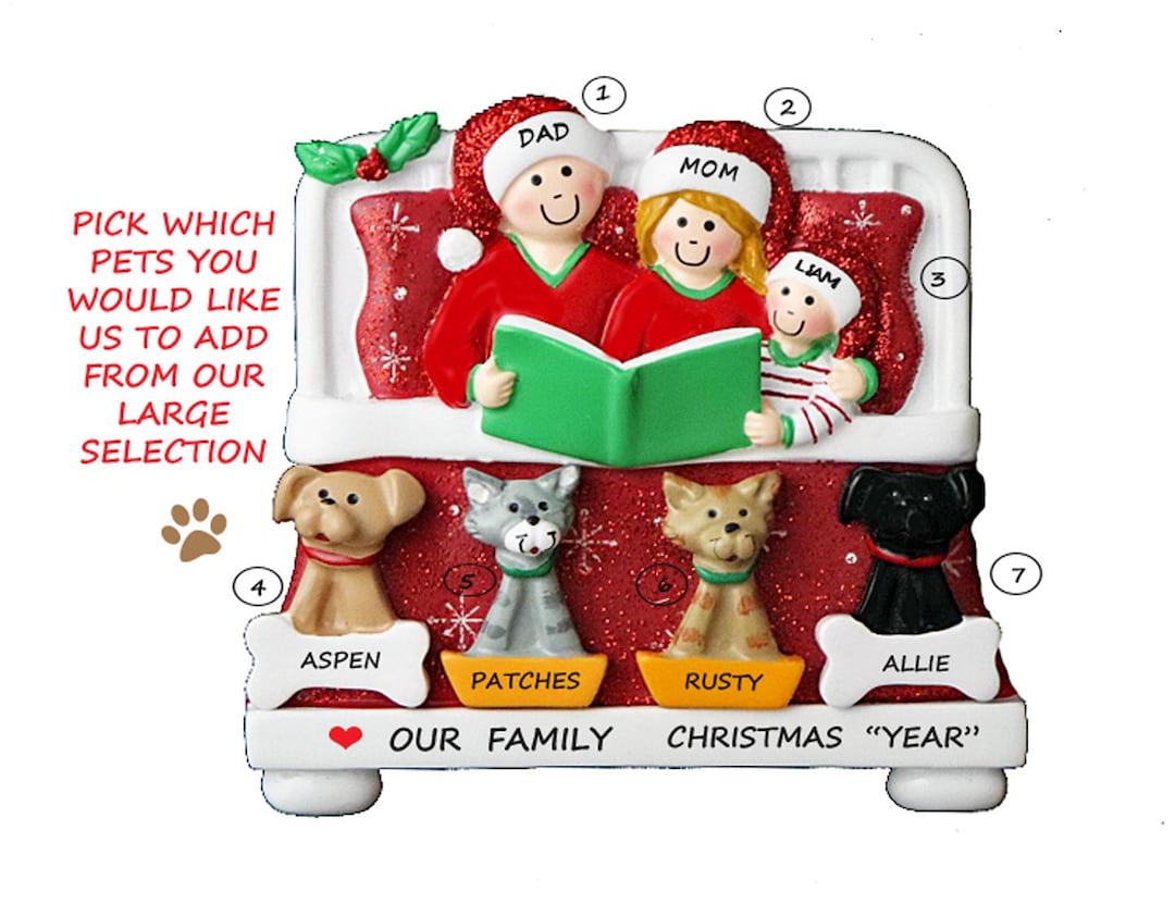 Personalized Family 3 Snuggled in Bed Reading A Book With 4 Dogs or ...