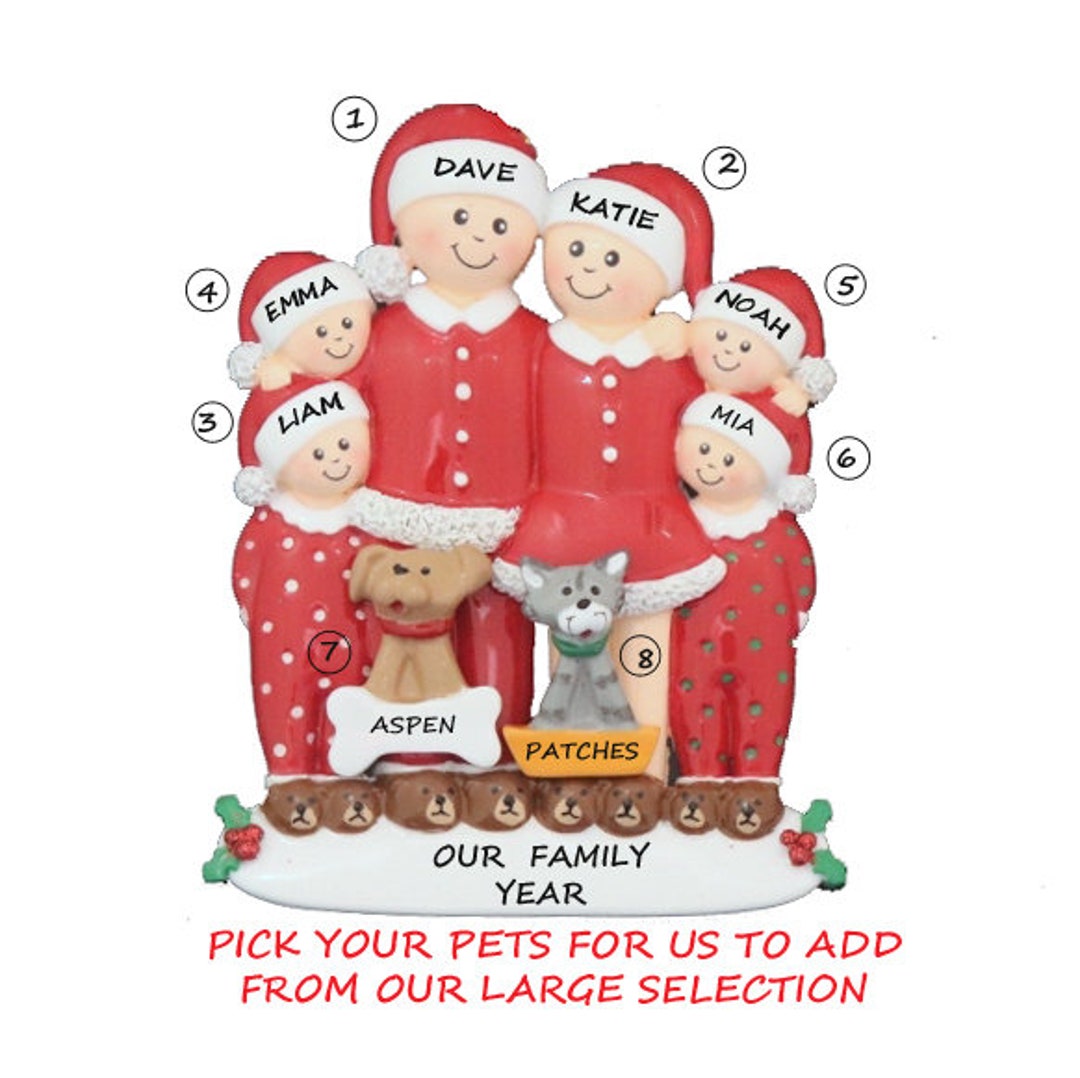 Personalized Family of 6 Ornament With 2 Dogs or Cats - Pajama Family ...
