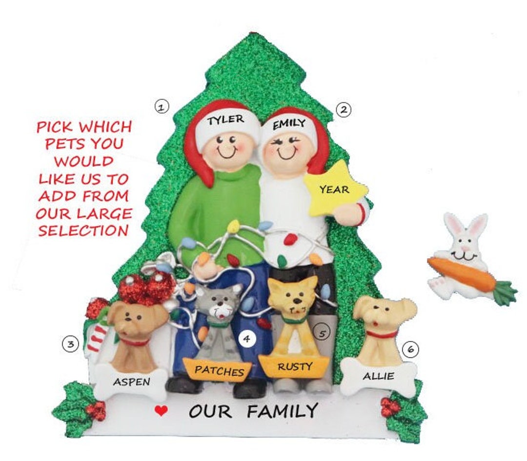 Couple With 4 Custom Pets Dogs or Cats Personalized Christmas Ornament ...