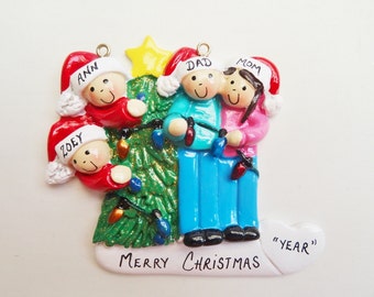 Family of 4 Decorating Tree Personalized Christmas Ornament-Family of Four Personalized Christmas Ornament-Family of 4 Personalized Ornament