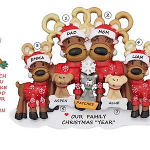 Personalized Family of 4 Reindeer Ornament with 3 Custom Dogs, Cats or Bunnies Added - Family of 4 Christmas Ornament with 3 Custom Pets