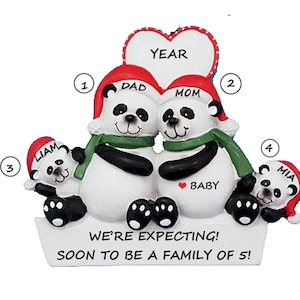 Personalized Expecting Panda Bear Couple with 2 Children Christmas Ornament-Expecting Family of 4  Ornament-Waiting For Brother or Sister