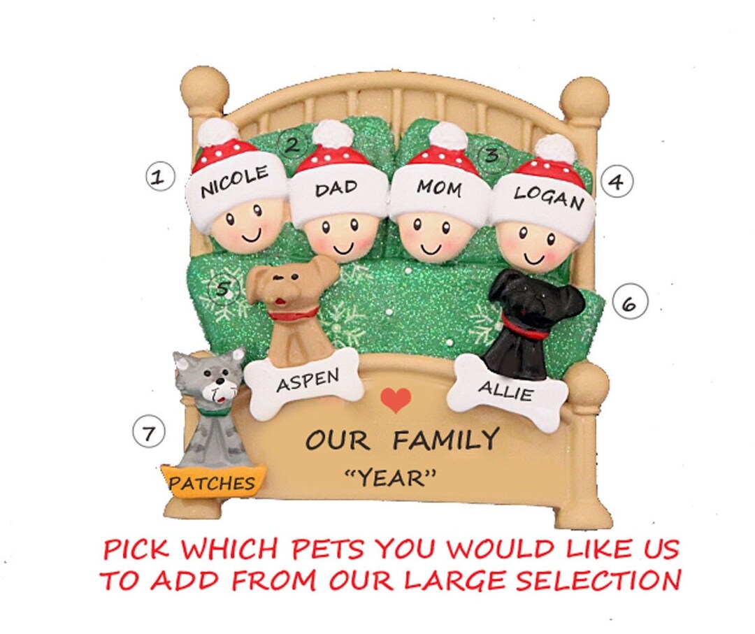 Personalized Family 4 Snuggled in Bed With 3 Dogs or Cats Added ...