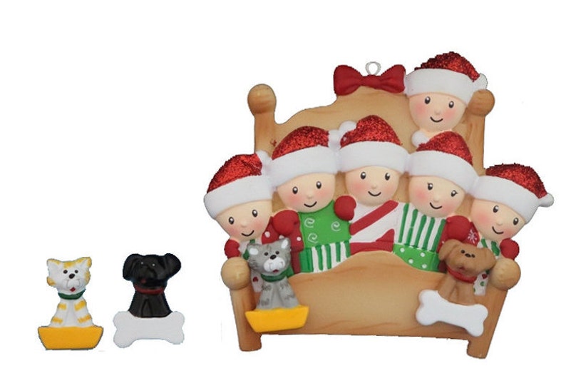 Family Six with 2 Pets-Hand Personalized Personalized Family 6 Snuggled in Bed with 2 Dogs or Cats Added Personalized Christmas Ornament