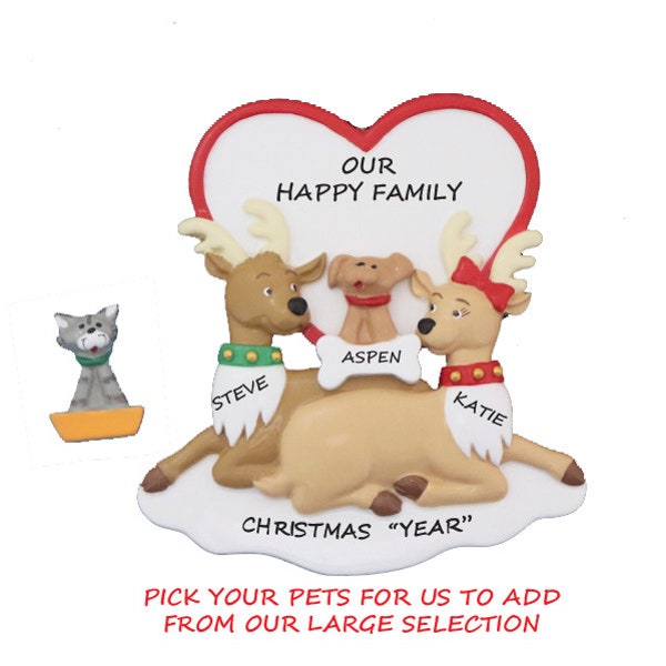 Reindeer Couple Personalized Ornament with Dog or Cat Added - Couple Ornament with a Pet Added