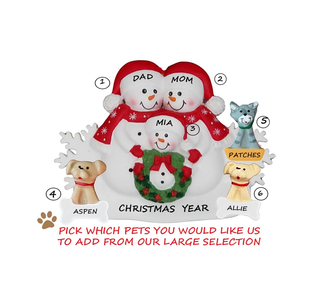 Personalized Snow Family of 3 Ornament With Pets Added Dogs/cats ...