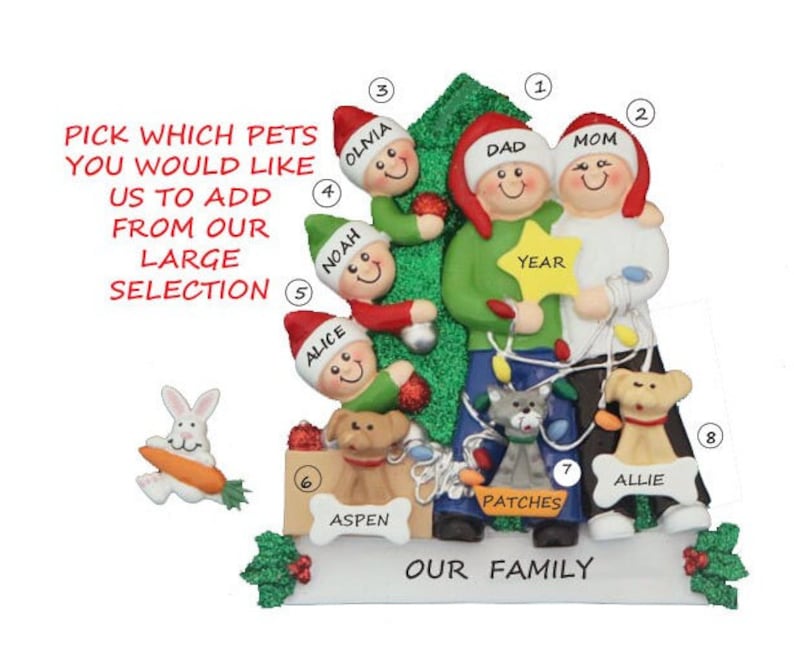 Family of 5 Personalized Ornament With 3 Dogs, Cats or Bunnies Added ...