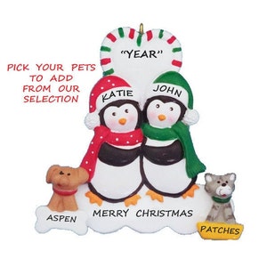 Personalized Penguin Couple Christmas Ornament with 2 Dogs - Personalized Couple Ornament with 2 Pets - Couple with 2 Cats Added