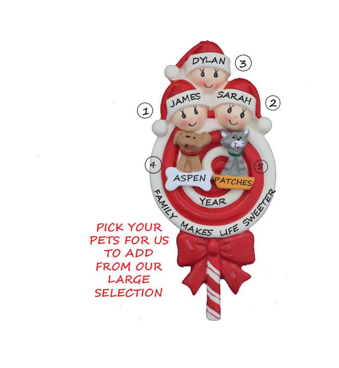 Family of 3 Lollipop Christmas Personalized Ornament With Dogs or Cats ...