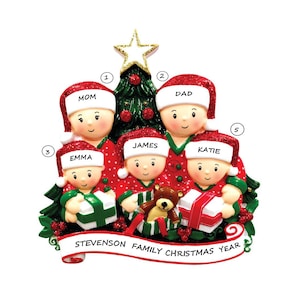 May include: A personalized Christmas ornament featuring a family of five in red pajamas, standing around a green Christmas tree. The ornament includes the names "Mom", "Dad", "James", "Emma", and "Katie" and the text "Stevenson Family Christmas Year".