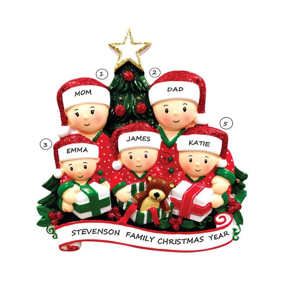 Family of Five Opening Presents Personalized Ornament -  Family of 5 Personalized Christmas Ornament