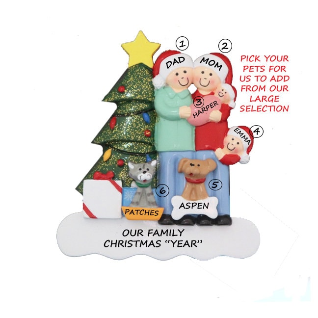 Family of 4 With Baby and 2 Dog or Cat Personalized Ornament- Family of ...