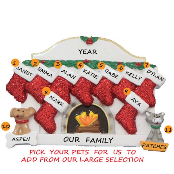 Personalized Family of 9 Christmas Fireplace Ornament with 2 Custom Dogs, Cats or Bunnies Added