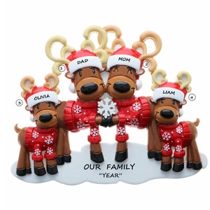 Personalized Cute Reindeer Family of 4 Christmas Ornament - Personalized Family of 4 Reindeer Christmas Ornament