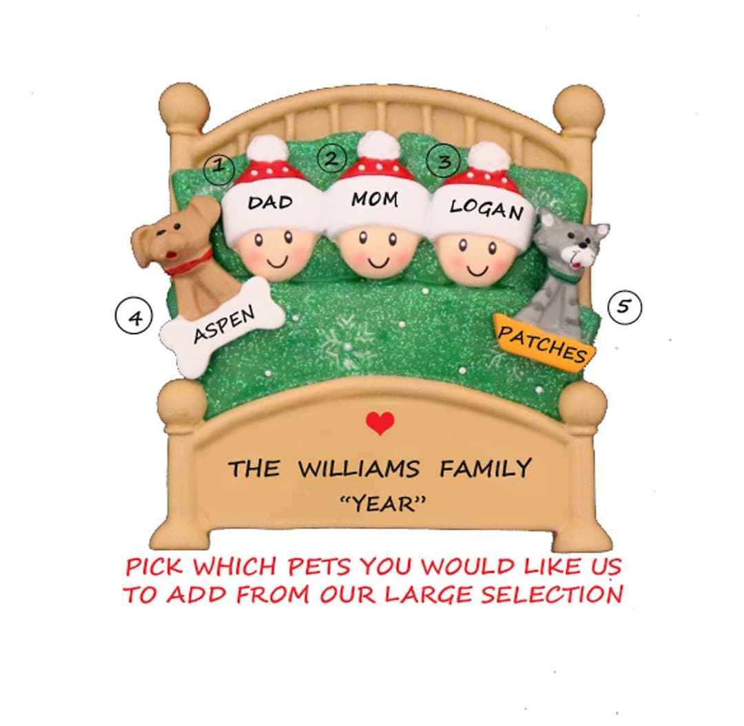 Personalized Family 3 Snuggled in Bed With 2 Dogs or Cats Added ...