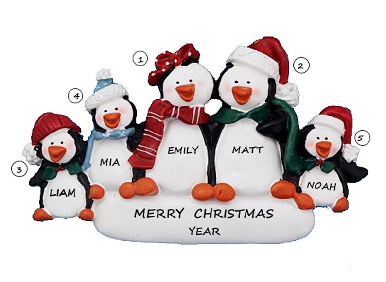Family of 5 Personalized Christmas Ornament - Penguin Family of 5 ...